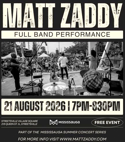 Matt Zaddy Full Band Performance image source: https://www.facebook.com/groups/mississaugamusic/posts/28950668067853554/